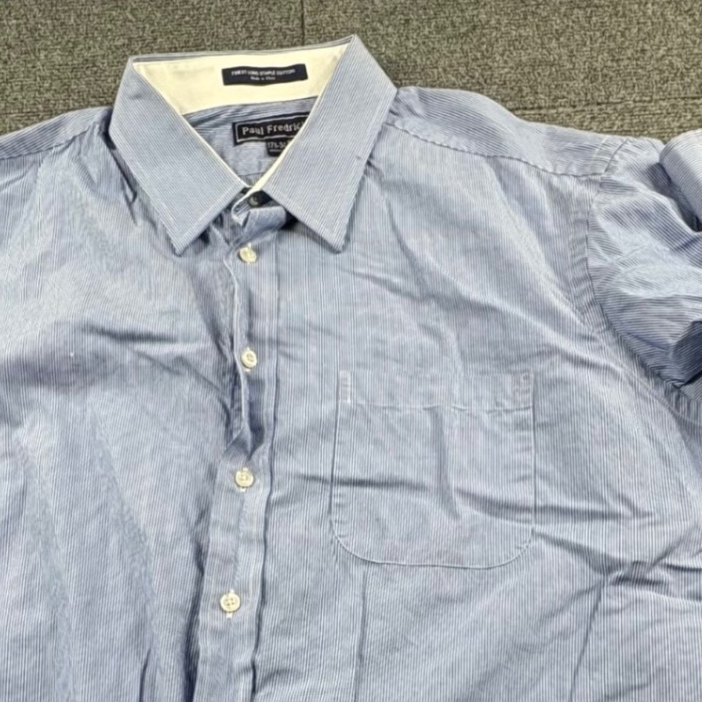 Paul Fredrick Mens Blue White Micro Stripe Cotton Dress Shirt 17.5-34